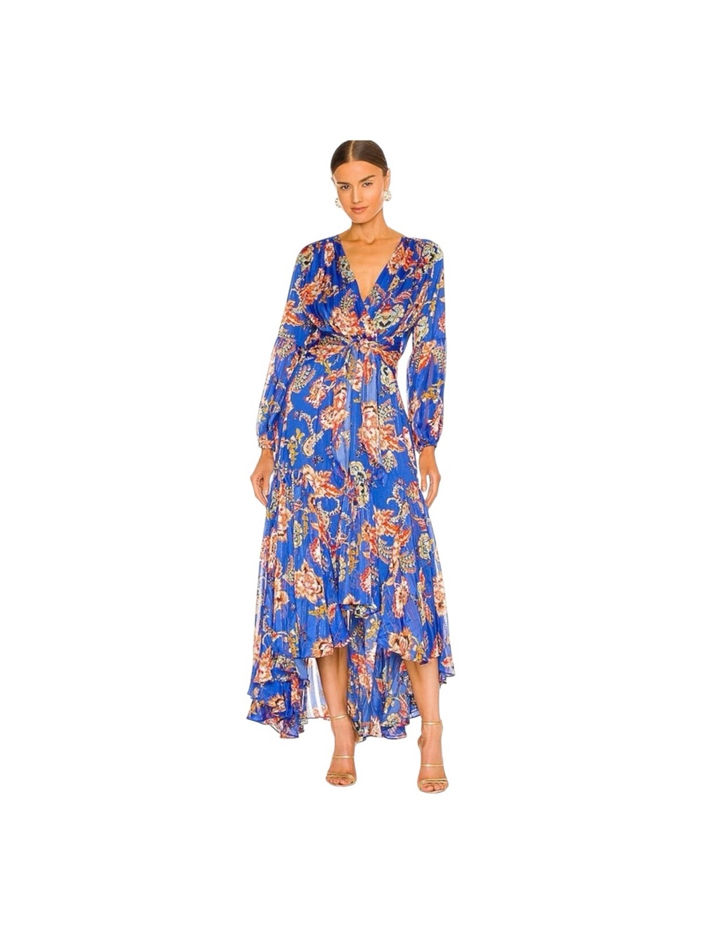 Elliatt Balance Wrap Floral long Sleeves High-Low. Hem Flowy Maxi Dress Large